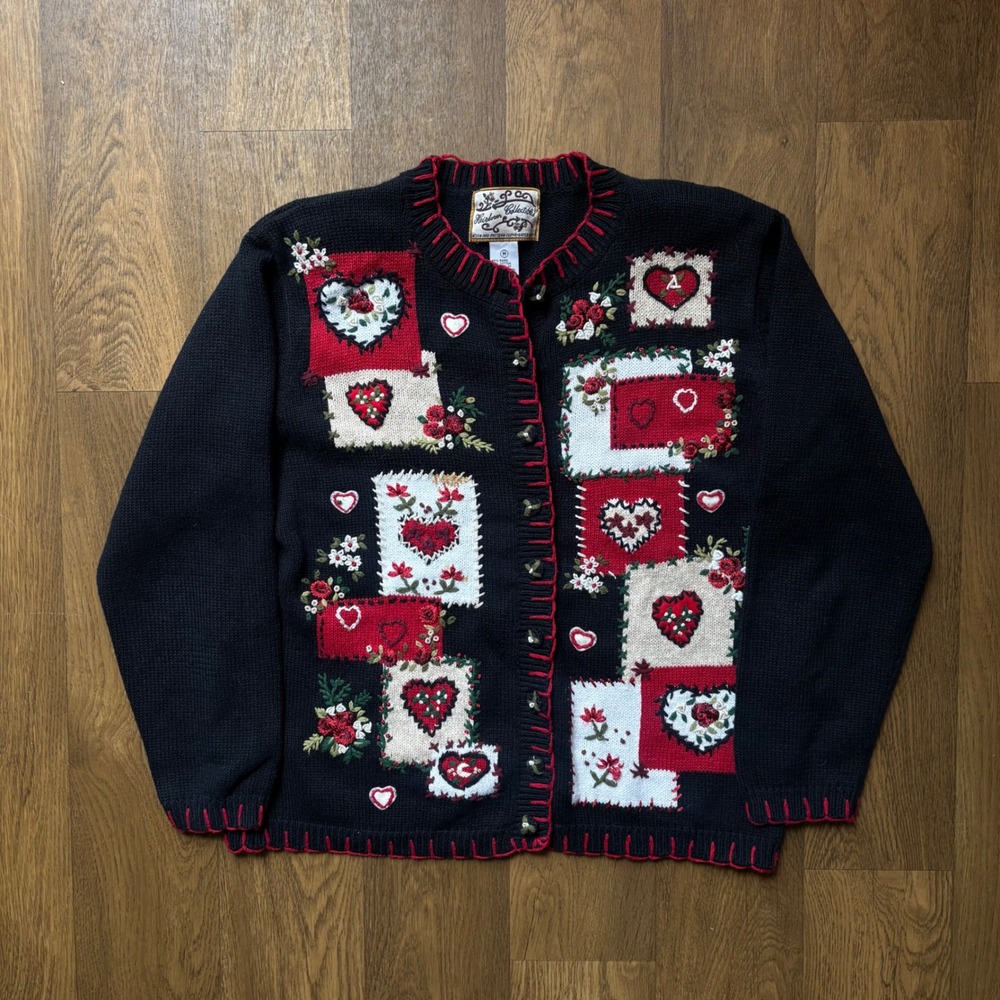 Vintage 1990's Heirloom Collectibles Hand Knitted Heard Embroidered Cardigan